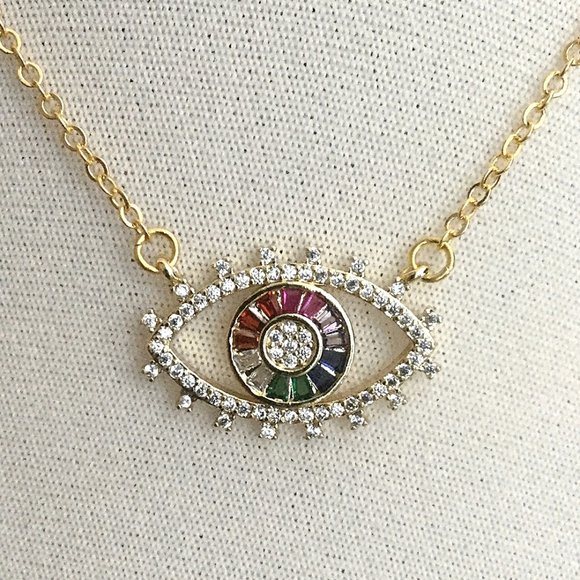 Evil Eye Multi Colour Cubic Zirconia Sparkly Necklace - Picture 1 of 4